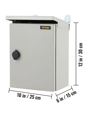 Caja eléctrica VEVOR, 12 x 10 x 6 pulgadas, gris con cerradura, montaje en pared, dimensiones etiquetadas.