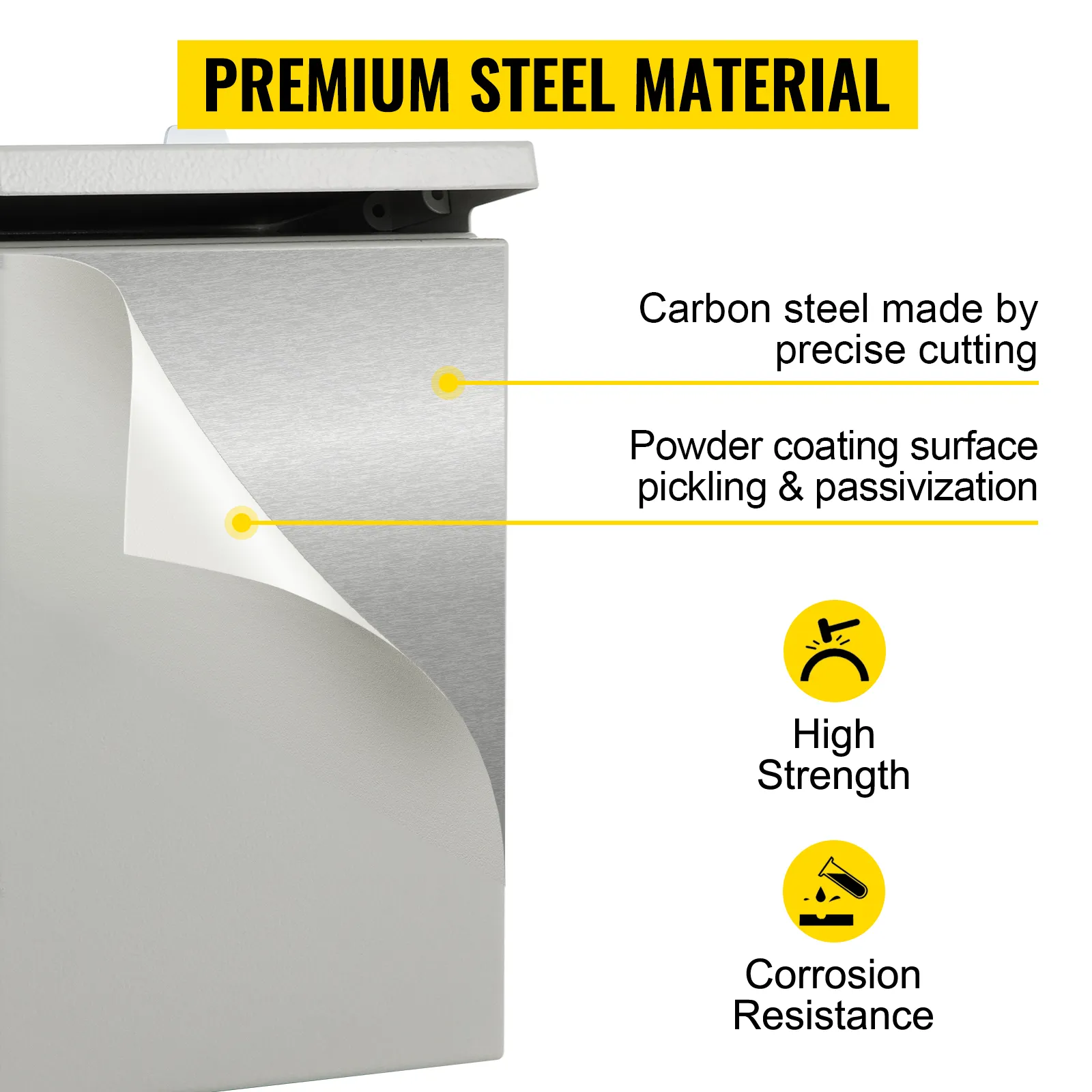 Caja eléctrica VEVOR que presenta material de acero de primera calidad, alta resistencia y resistencia a la corrosión.