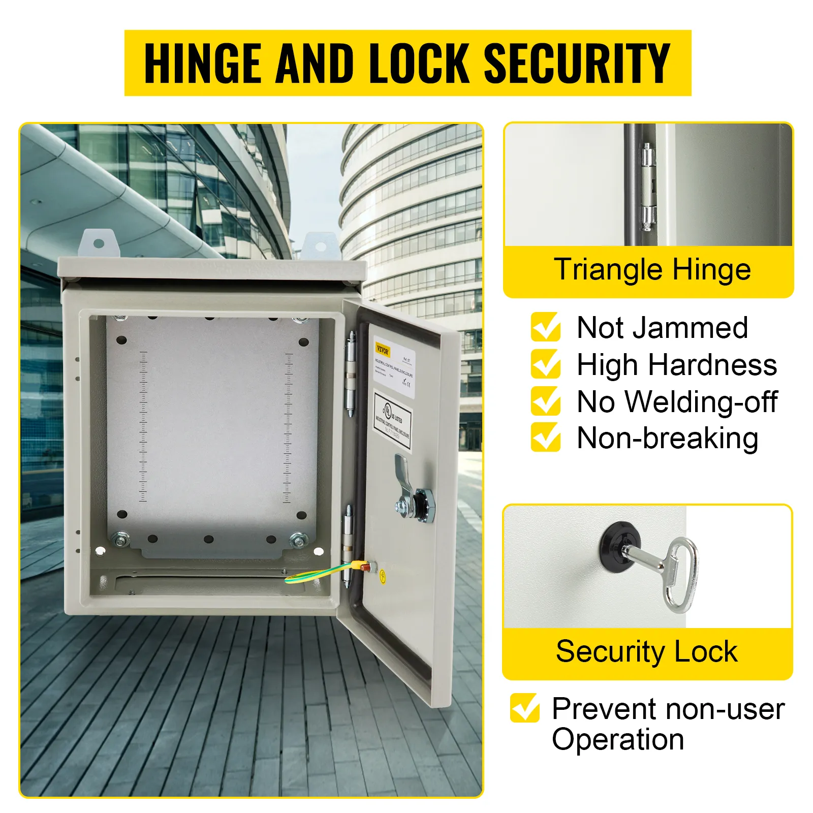 Caja eléctrica VEVOR con bisagra triangular segura y cerradura, de alta dureza e irrompible.