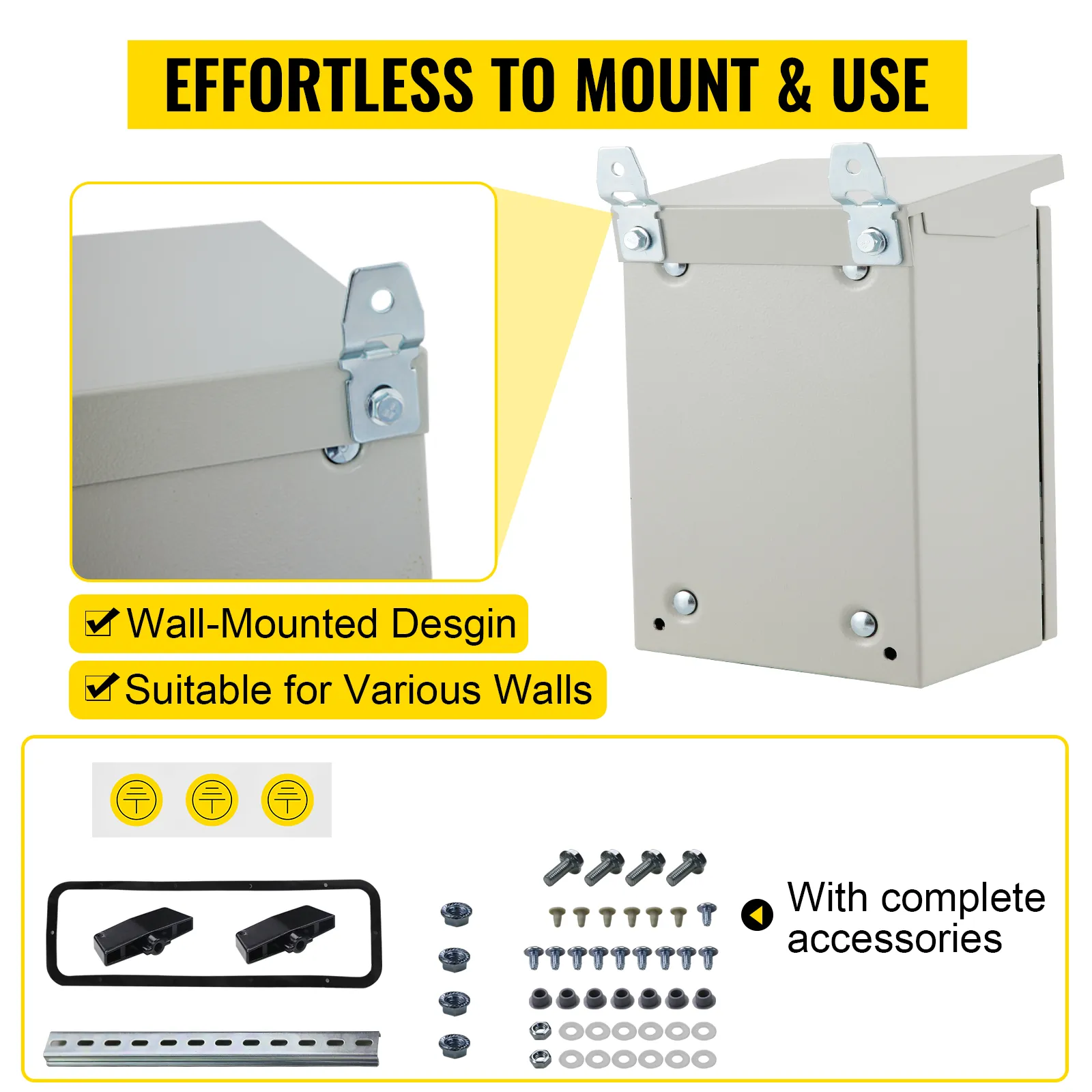 Caja eléctrica VEVOR, diseño para montaje en pared, accesorios completos, fácil de montar, adecuada para varias paredes.