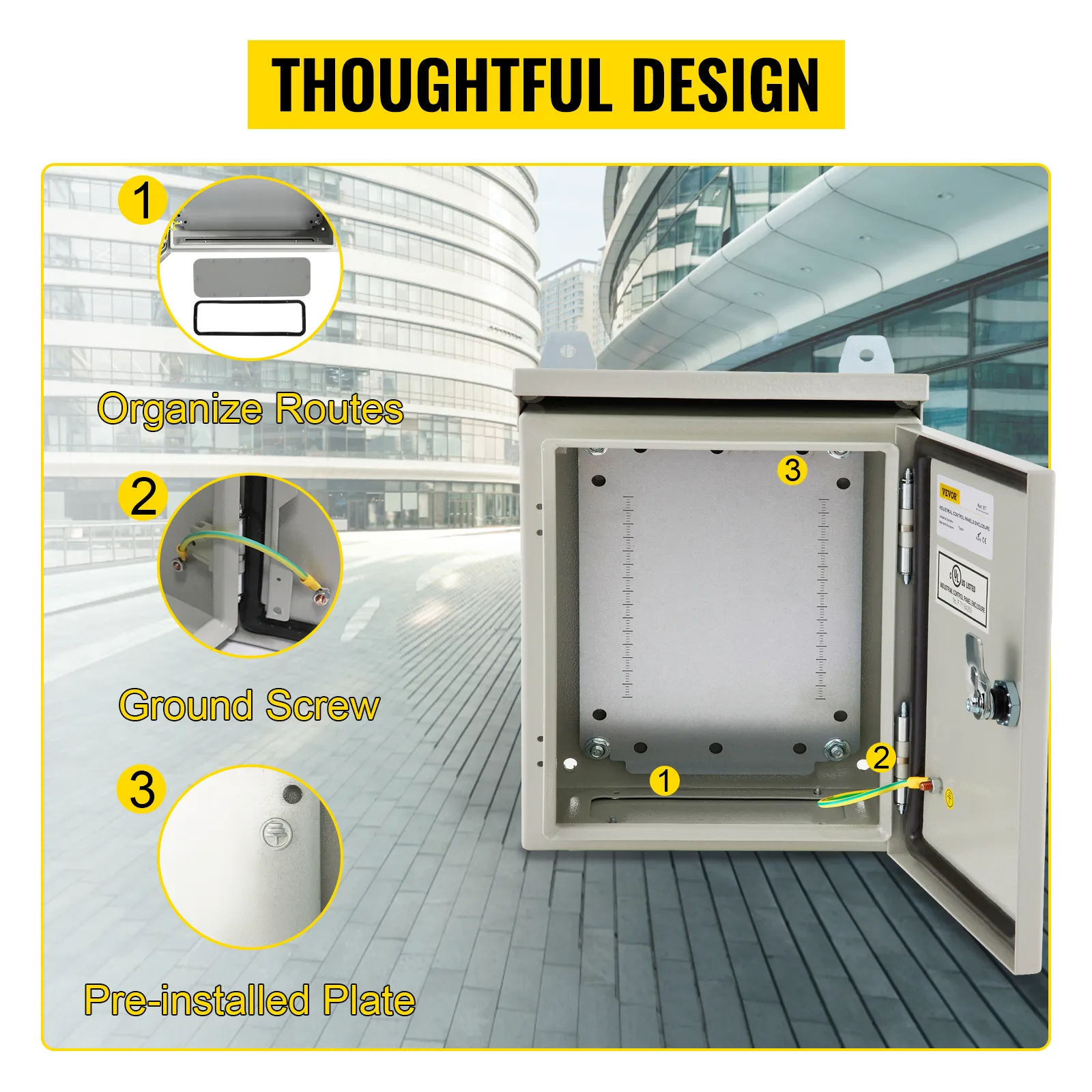 Gabinete eléctrico VEVOR con rutas organizadas, tornillo de tierra y placa preinstalada para una fácil configuración.