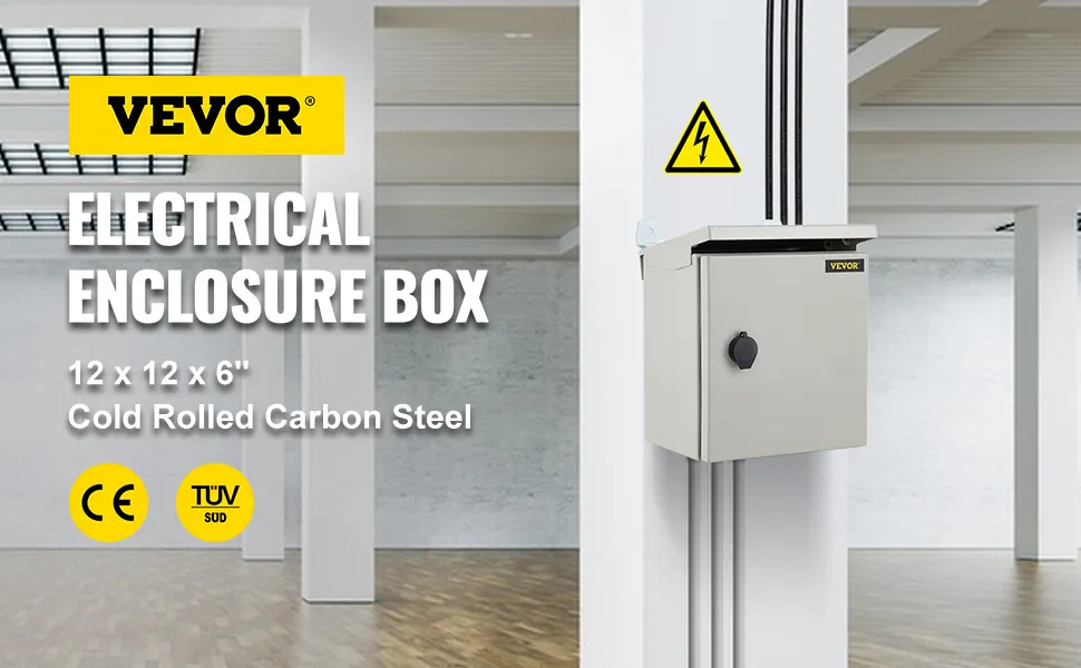 Caja de protección eléctrica VEVOR de 12 x 12 x 6 pulgadas, de acero al carbono laminado en frío, montada sobre un pilar blanco.