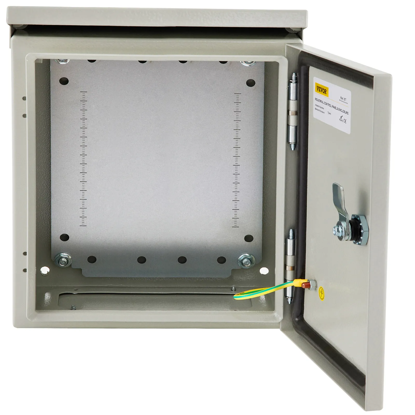 Caja eléctrica VEVOR abierta con placa de pared montada y cable de tierra visible.
