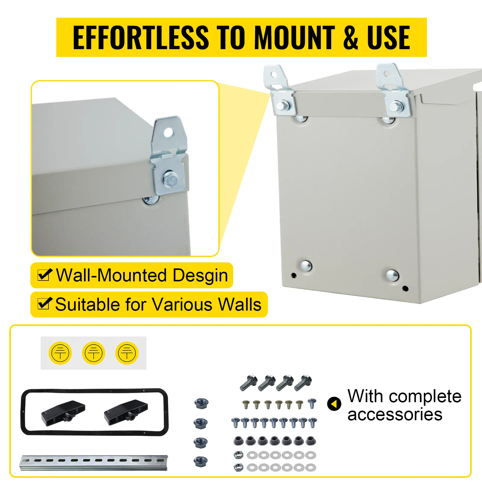 Caja eléctrica VEVOR, diseño para montaje en pared, adecuada para varias paredes, incluye accesorios completos.