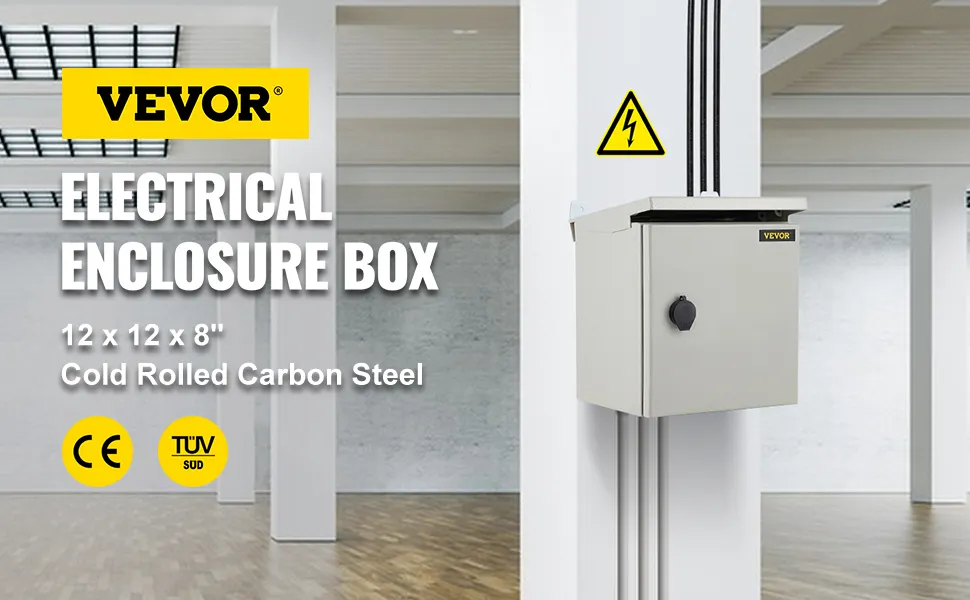 Caja eléctrica VEVOR montada en poste con certificaciones ce y tuv sud visibles.