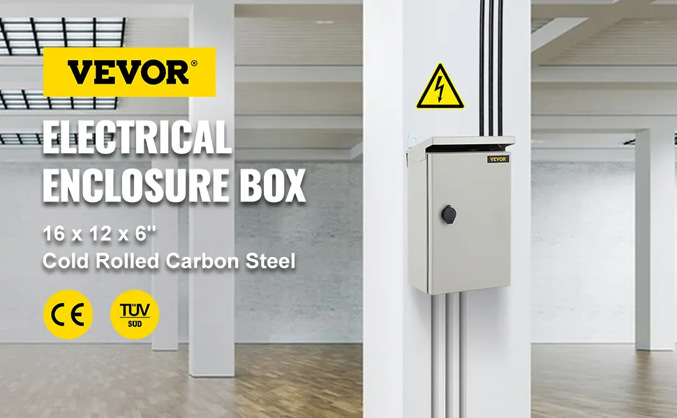 Caja de protección eléctrica VEVOR, de acero al carbono laminado en frío, de 16 x 12 x 6 pulgadas, montada sobre un pilar blanco.