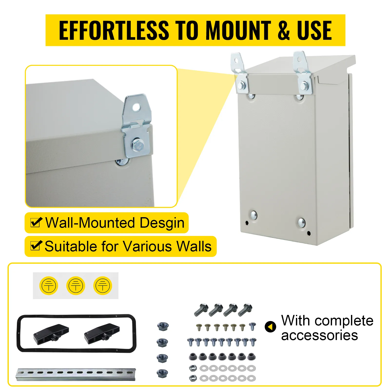 Armario eléctrico VEVOR de pared con accesorios completos para varias paredes, fácil de montar.