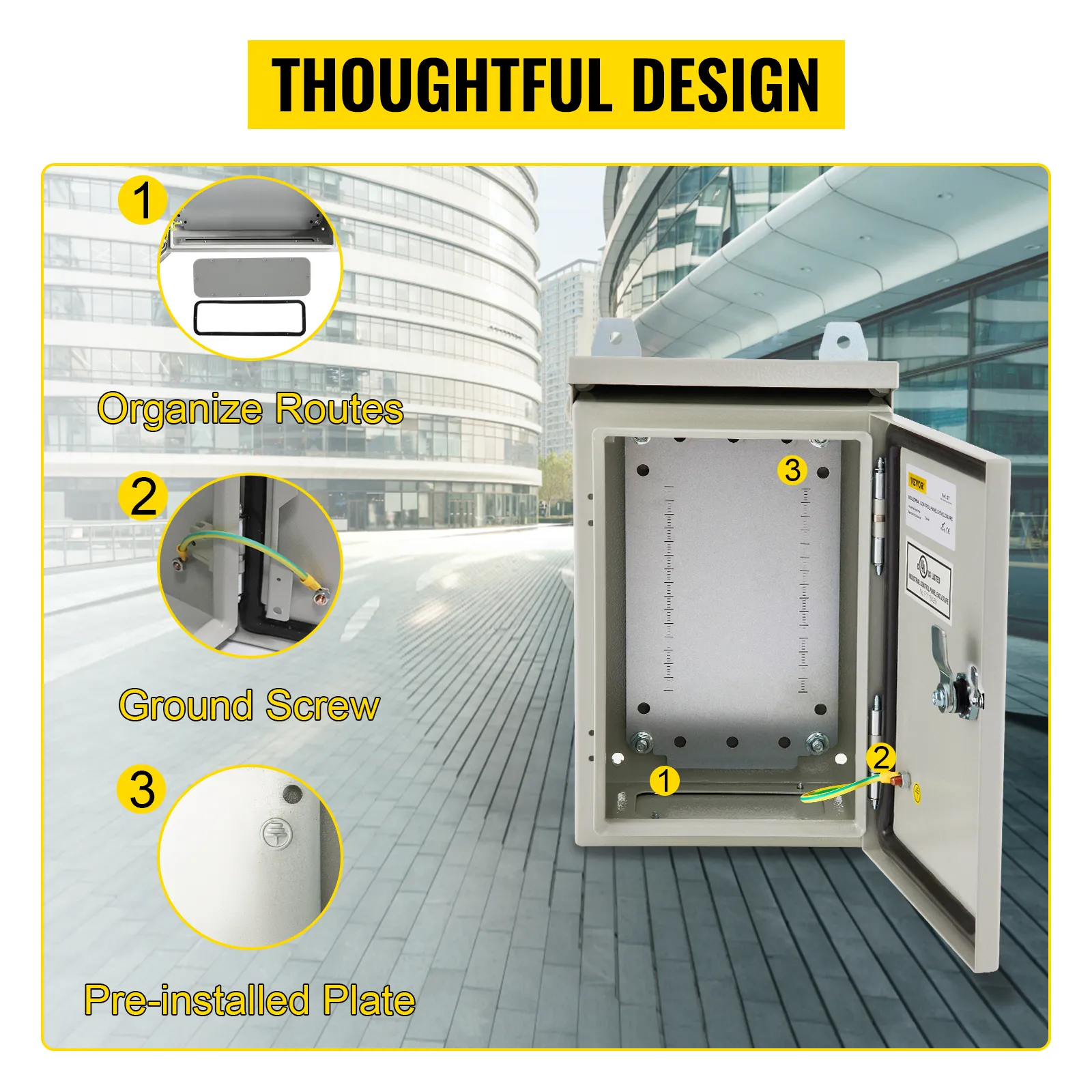 Caja eléctrica VEVOR con placa preinstalada, tornillo de tierra y organización de rutas. Diseño bien pensado.