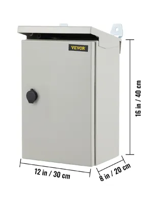 Caja eléctrica VEVOR, color beige, de 16"x12"x8", con dimensiones indicadas en pulgadas y centímetros.