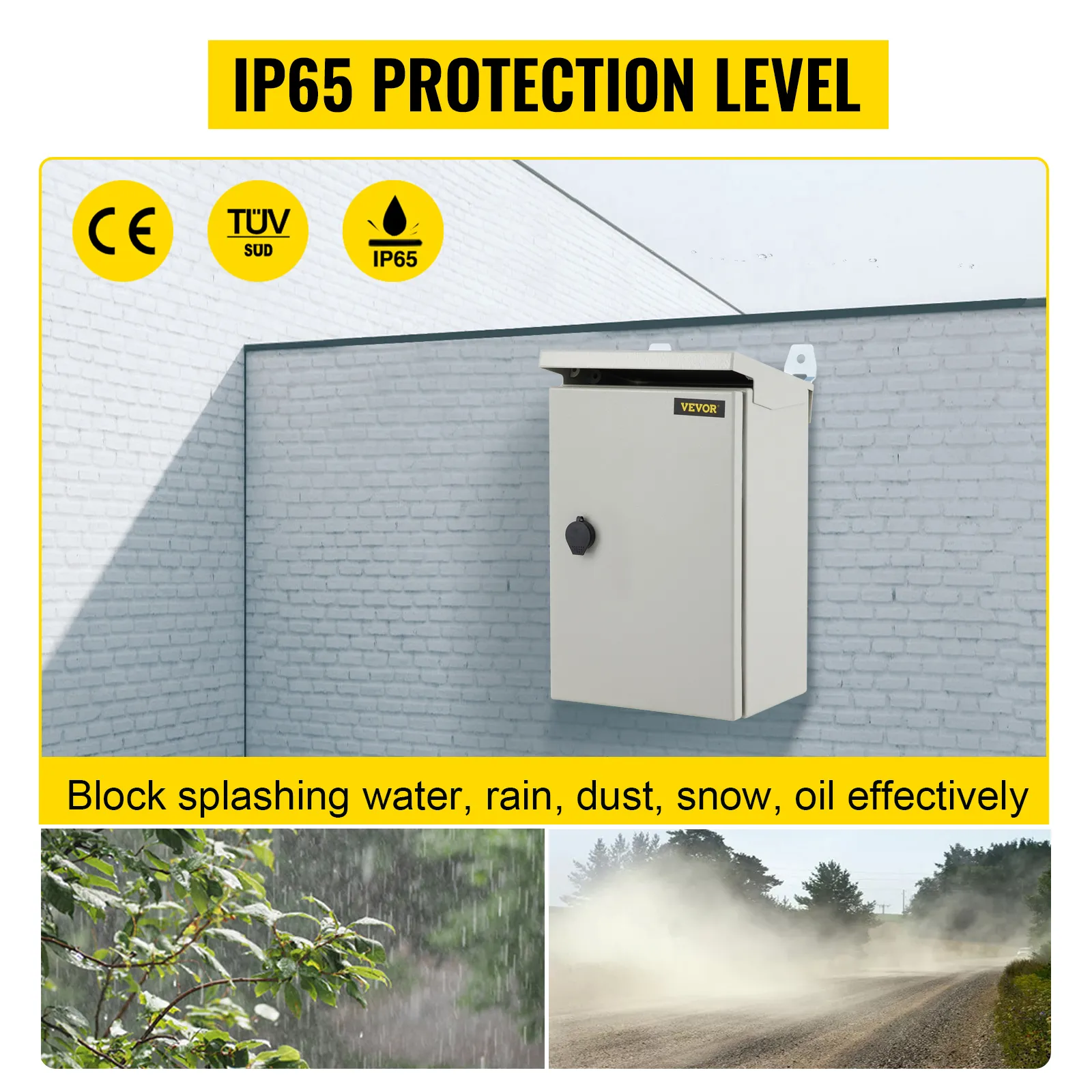 Caja eléctrica VEVOR con protección IP65, bloqueando eficazmente el agua, la lluvia, el polvo, la nieve y el aceite.