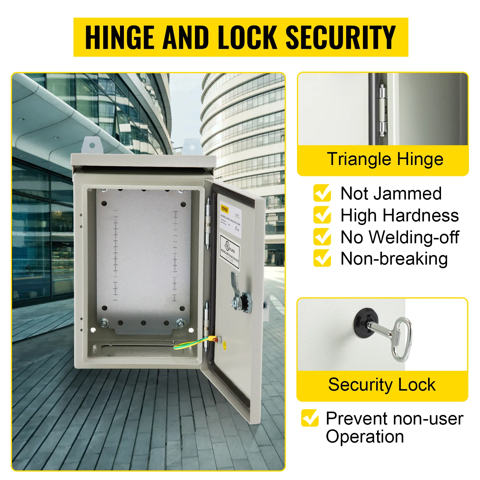 Caja eléctrica VEVOR con características de seguridad de bisagra y cerradura, bisagra triangular y cerradura con llave.
