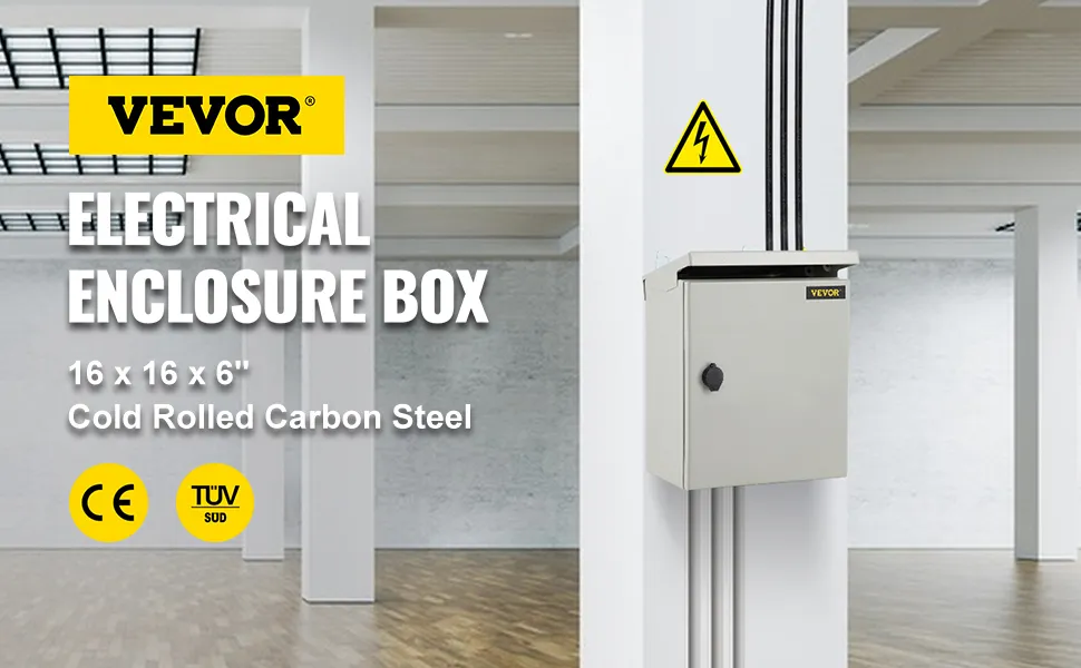 Caja de protección eléctrica VEVOR de 16 x 16 x 6 pulgadas de acero al carbono laminado en frío montada en una pared.