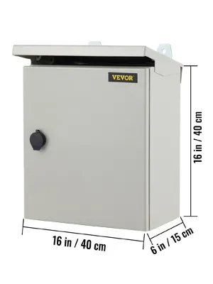 Caja eléctrica VEVOR, 16 x 6 x 16 pulgadas, gris, con perilla negra y tapa con bisagra superior.