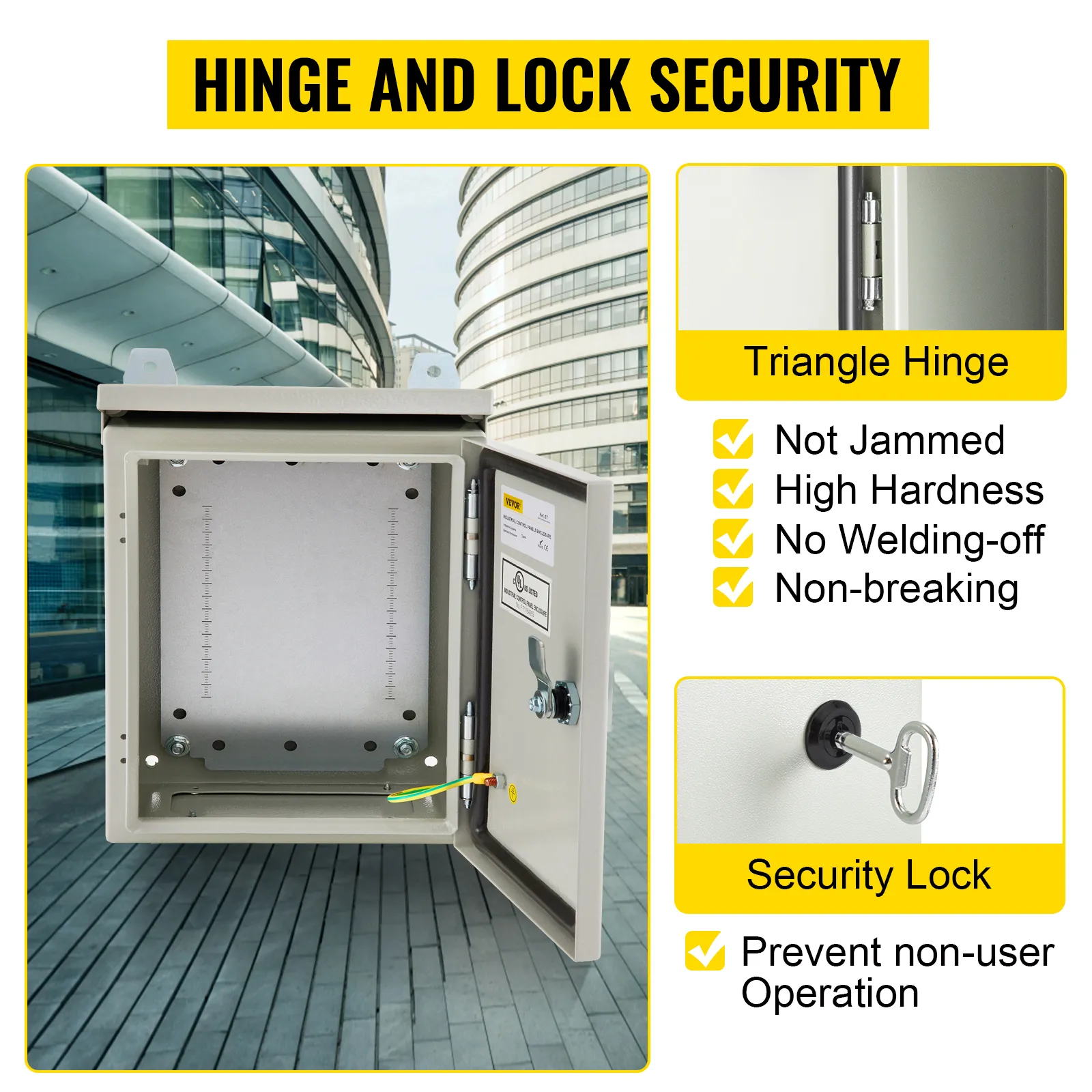Caja eléctrica VEVOR abierta con bisagra triangular y cerradura de seguridad, de alta dureza y durabilidad.