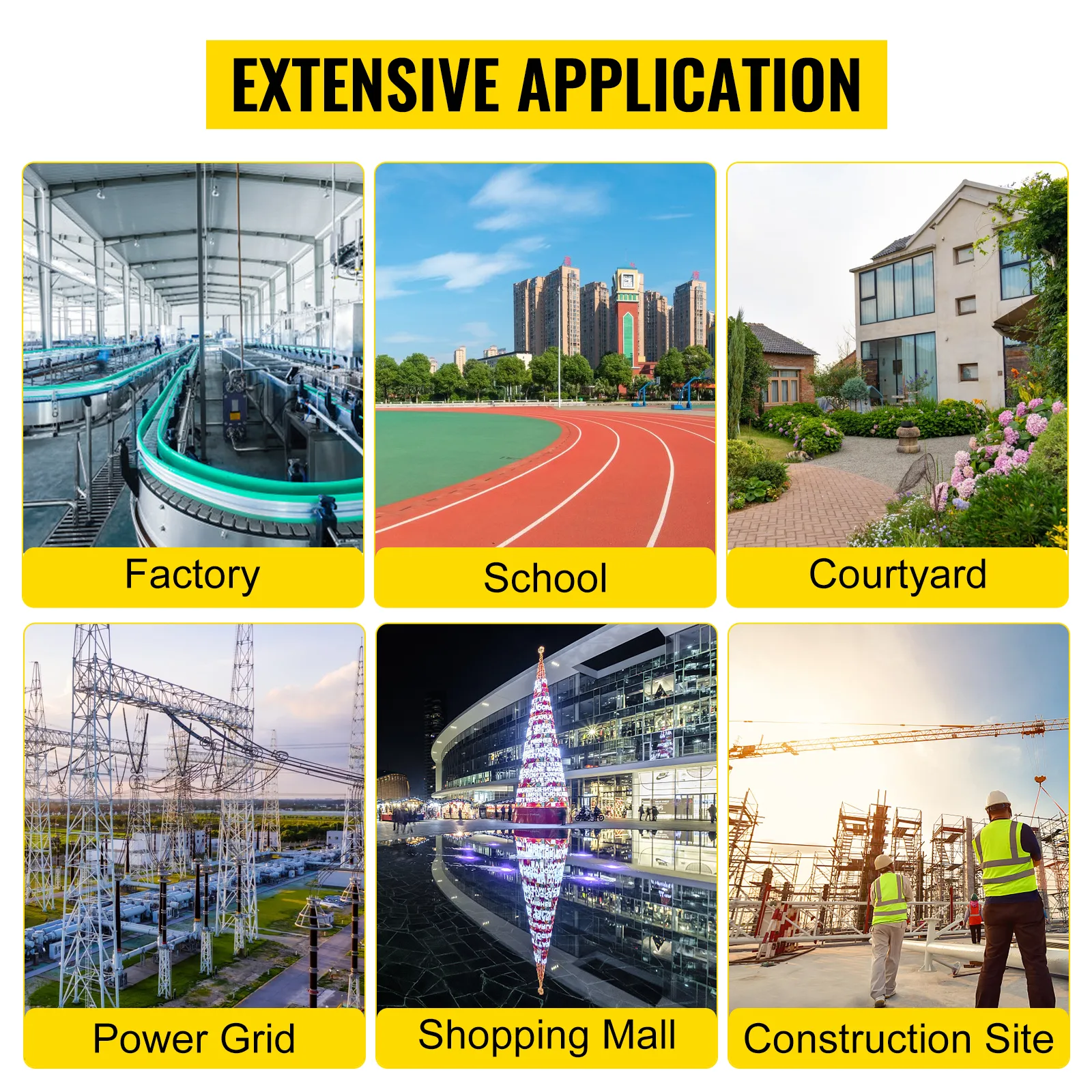 Caja eléctrica VEVOR: aplicaciones en fábricas, escuelas, patios, redes eléctricas, centros comerciales y sitios de construcción.