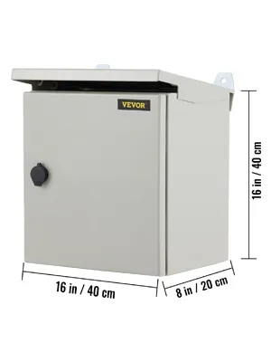 VEVOR electrical enclosure, gray metal, 16in x 8in x 16in dimensions, wall-mounted with black latch.
