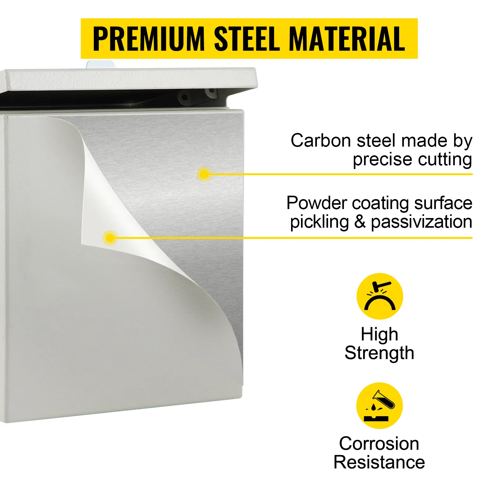 VEVOR electrical enclosure made from carbon steel with powder coating for high strength and corrosion resistance.