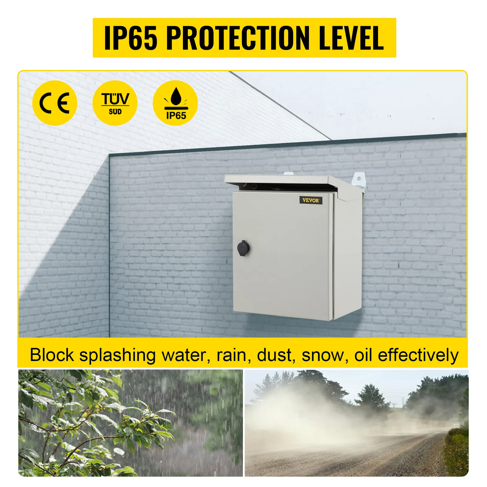 VEVOR electrical enclosure, ip65 protection, tüv süd certified, blocks water, rain, dust, snow, oil.