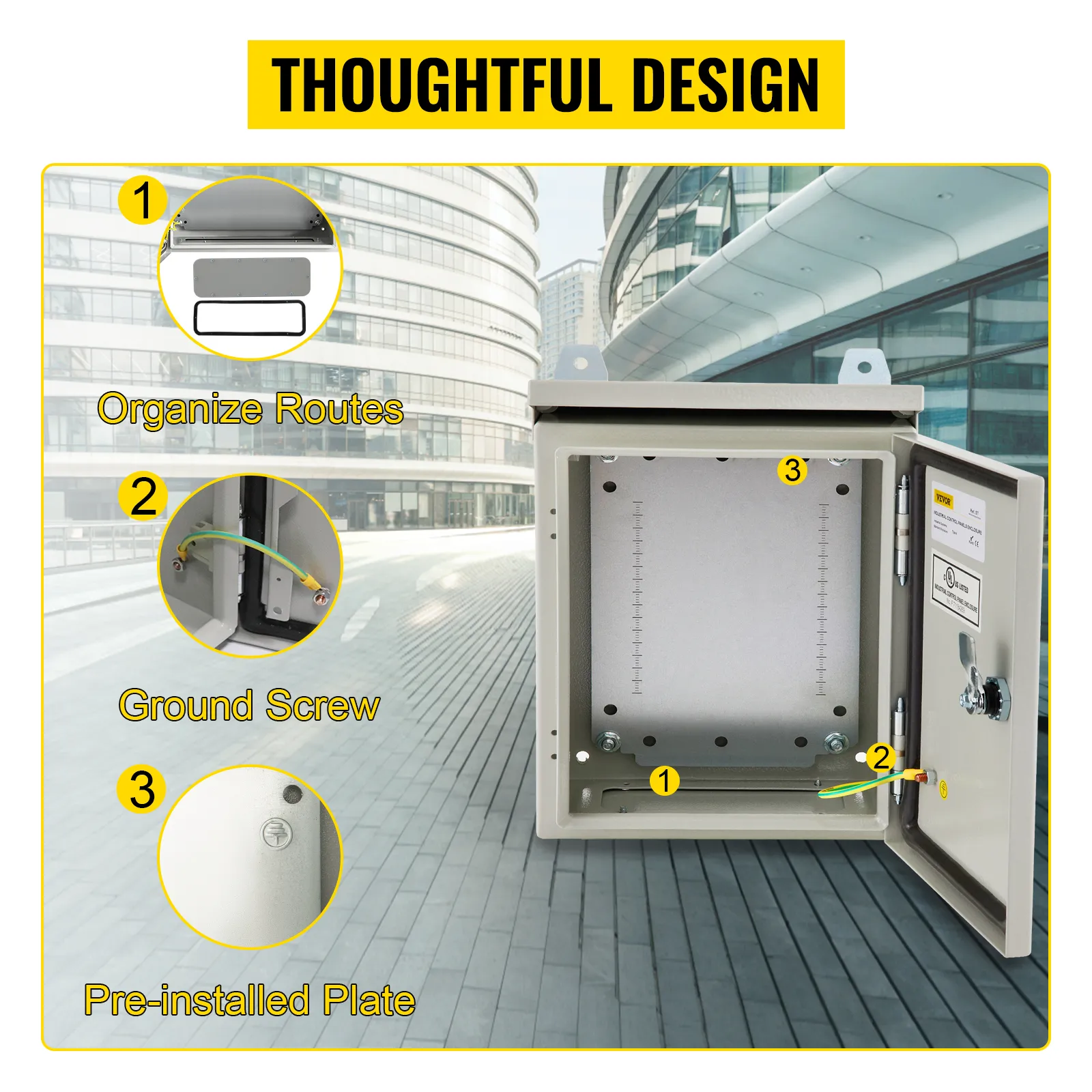 VEVOR electrical enclosure showcasing organized routes, ground screw, and pre-installed plate, thoughtful design.