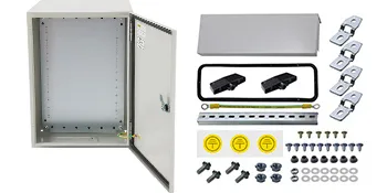 Caja eléctrica VEVOR con puerta abierta, varios tornillos, soportes, tapas y accesorios de montaje.