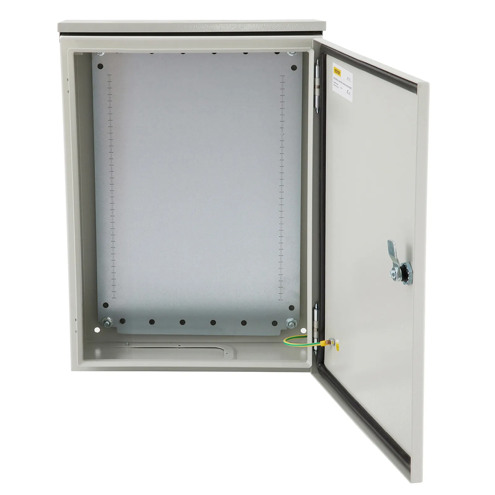 Caja eléctrica VEVOR abierta con puerta con bisagras, cerradura con llave y panel posterior perforado.