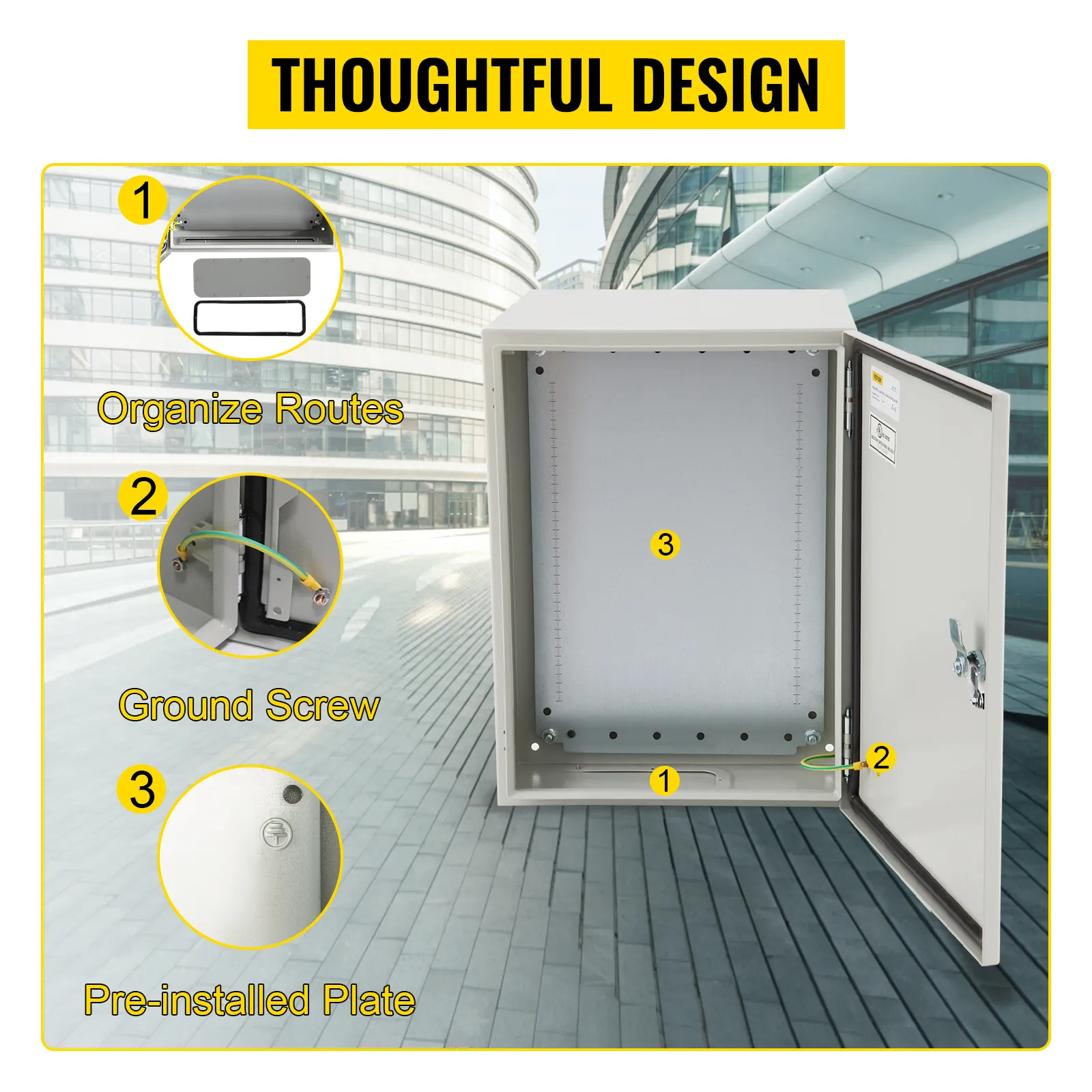 Caja eléctrica VEVOR con rutas organizadas, tornillo de tierra y placa preinstalada, diseño cuidado.