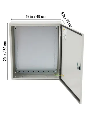 Caja eléctrica VEVOR abierta, 20" x 16" x 6", que muestra las dimensiones interiores y el pestillo de la puerta.