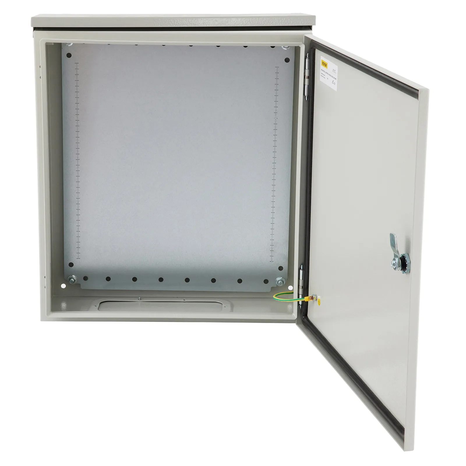 Caja eléctrica VEVOR abierta con puerta abatible, exterior gris y panel de montaje interno vacío.