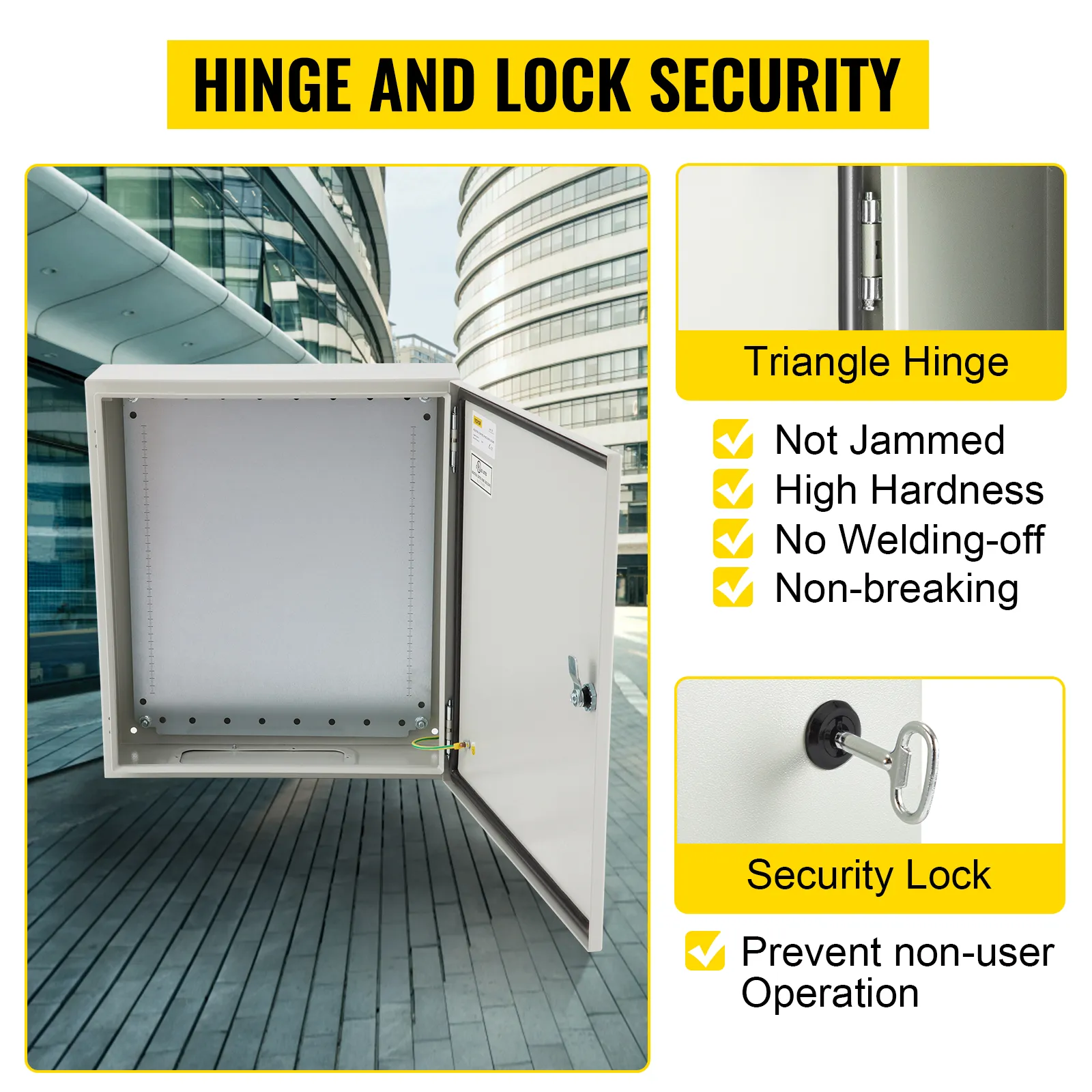 Caja eléctrica VEVOR con bisagra triangular segura y cerradura para alta dureza y uso sin atascos.