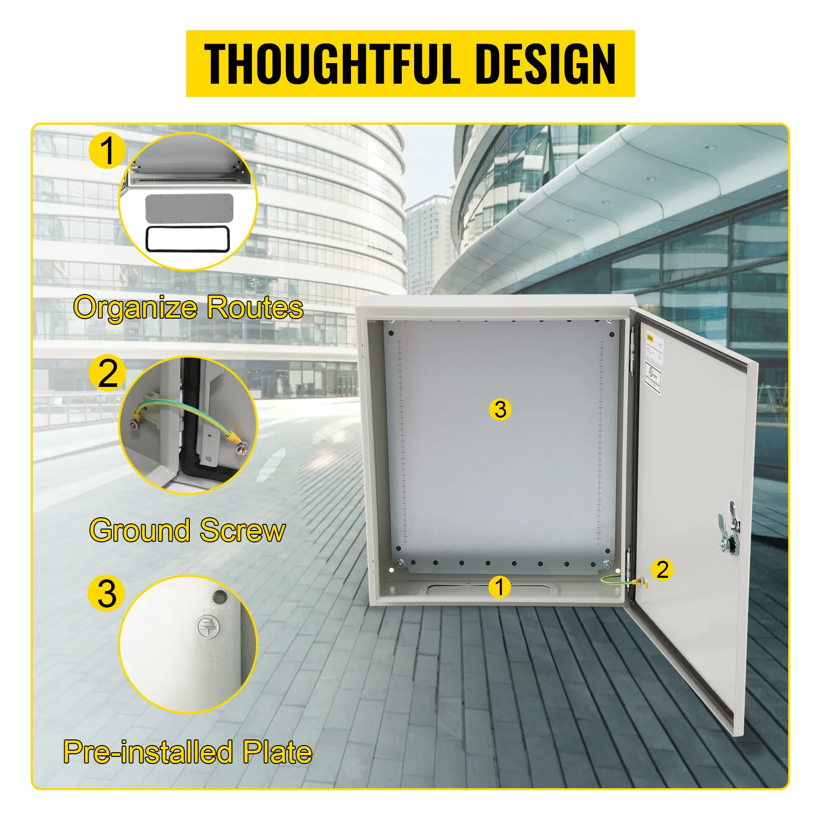 Caja eléctrica VEVOR: diseño cuidadoso con rutas organizadas, tornillo de tierra y placa preinstalada.