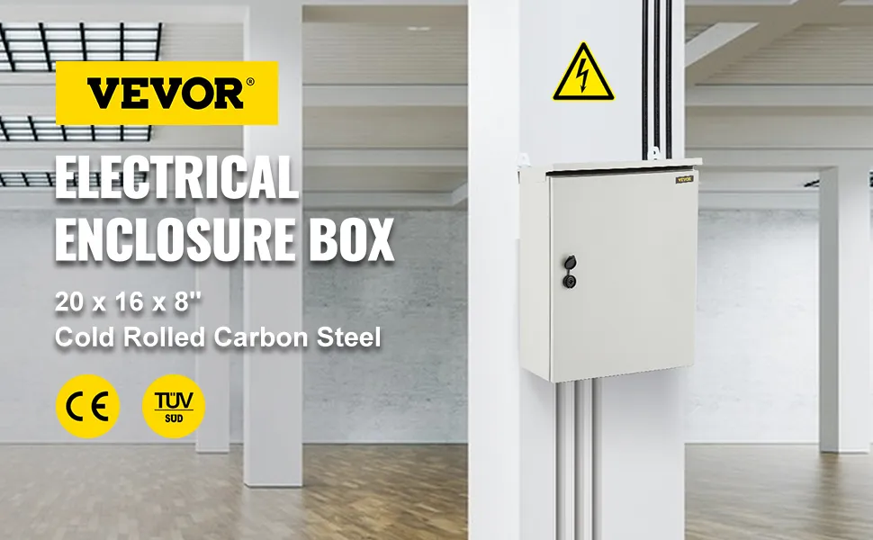 VEVOR electrical enclosure box, 20x16x8", cold rolled carbon steel, mounted on a wall in an industrial space.