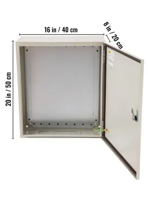 VEVOR electrical enclosure, 20x16x8 inch dimensions, open door, lock and grounding wire visible.