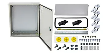 VEVOR electrical enclosure with door open, complete assembly parts, screws, and mounting accessories.