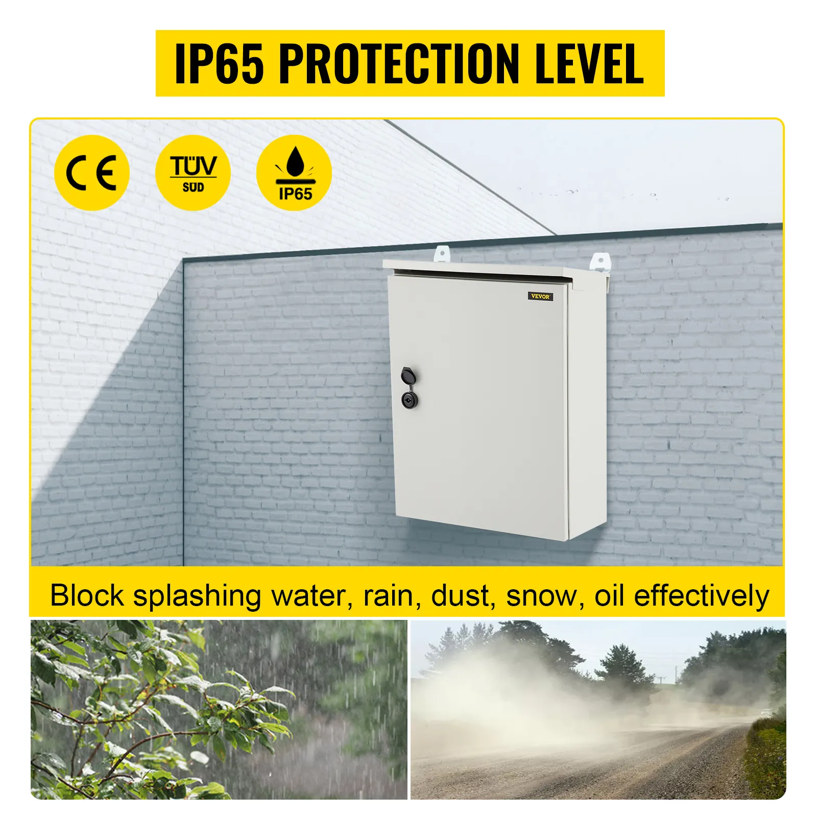 VEVOR electrical enclosure with ip65 protection, blocking water, dust, and oil on textured wall