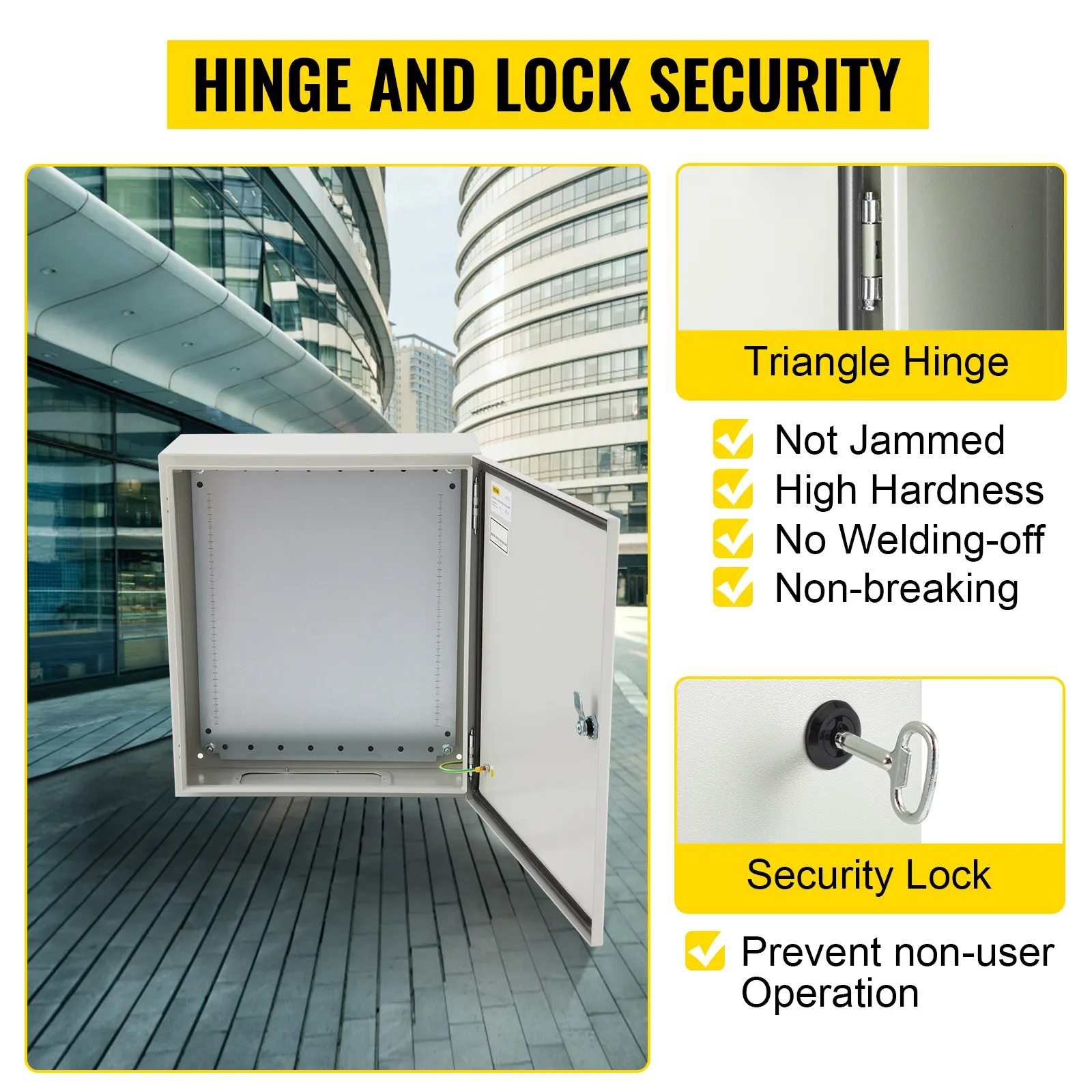 VEVOR electrical enclosure with triangle hinge and security lock in modern architectural setting.