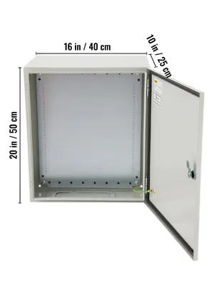 Caja eléctrica VEVOR, 16 x 20 pulgadas, puerta abierta, que muestra orificios de montaje y dimensiones internas.