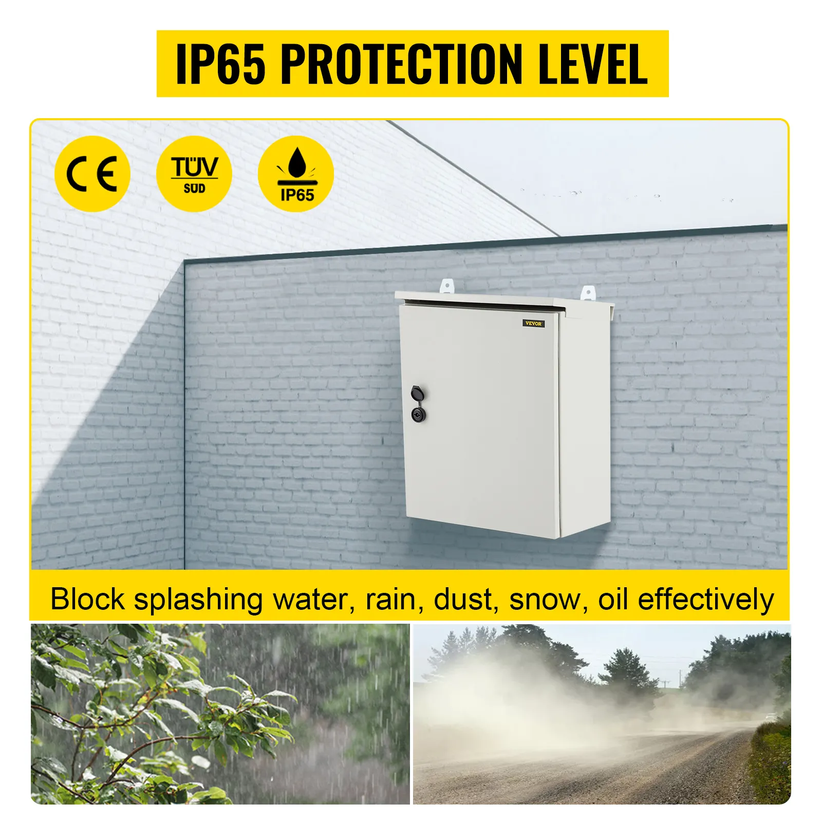 Caja eléctrica VEVOR con protección IP65 contra agua, lluvia, polvo, nieve y aceite. Certificación CE y TUV.