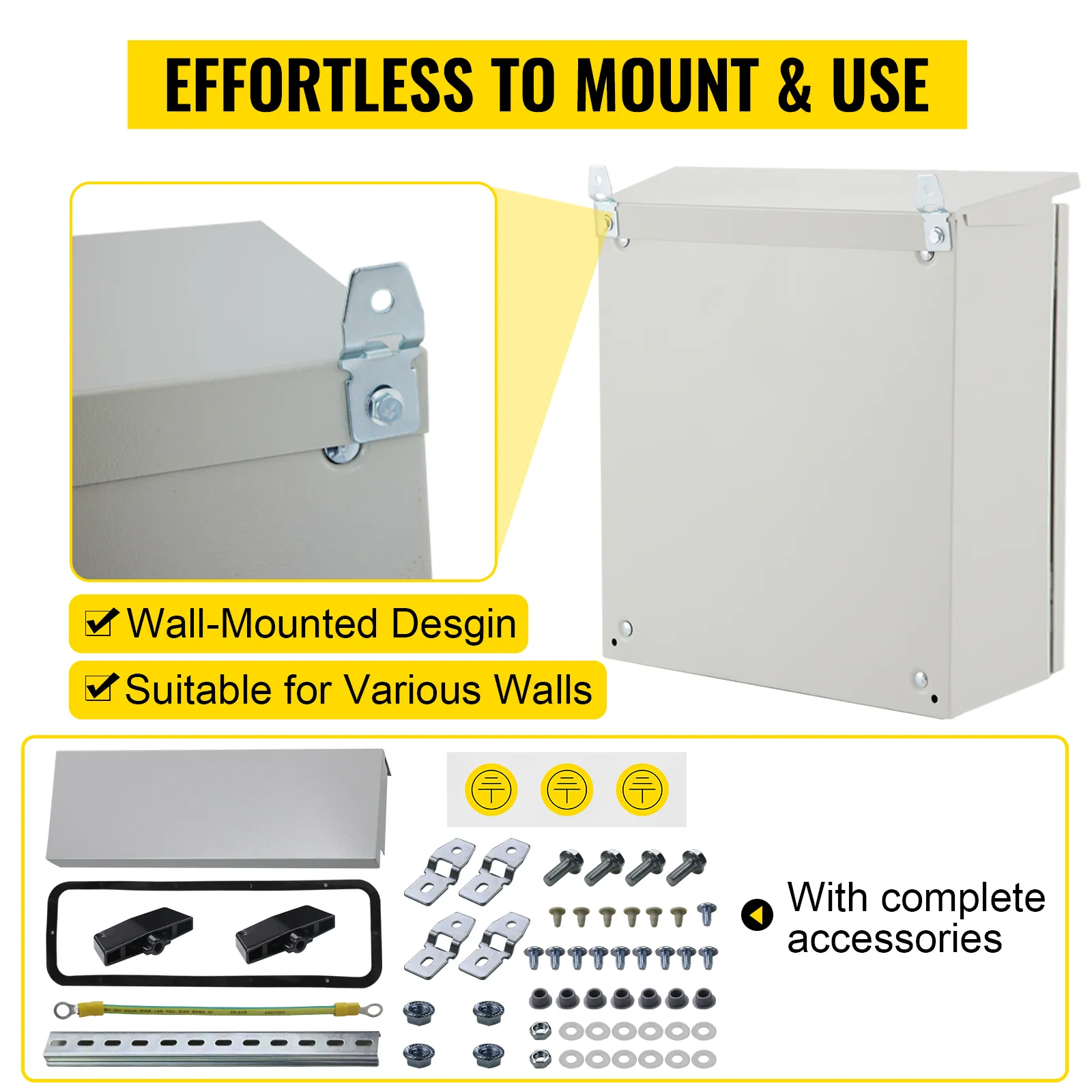 Caja eléctrica VEVOR, diseño para montaje en pared, adecuada para varias paredes, accesorios completos incluidos.