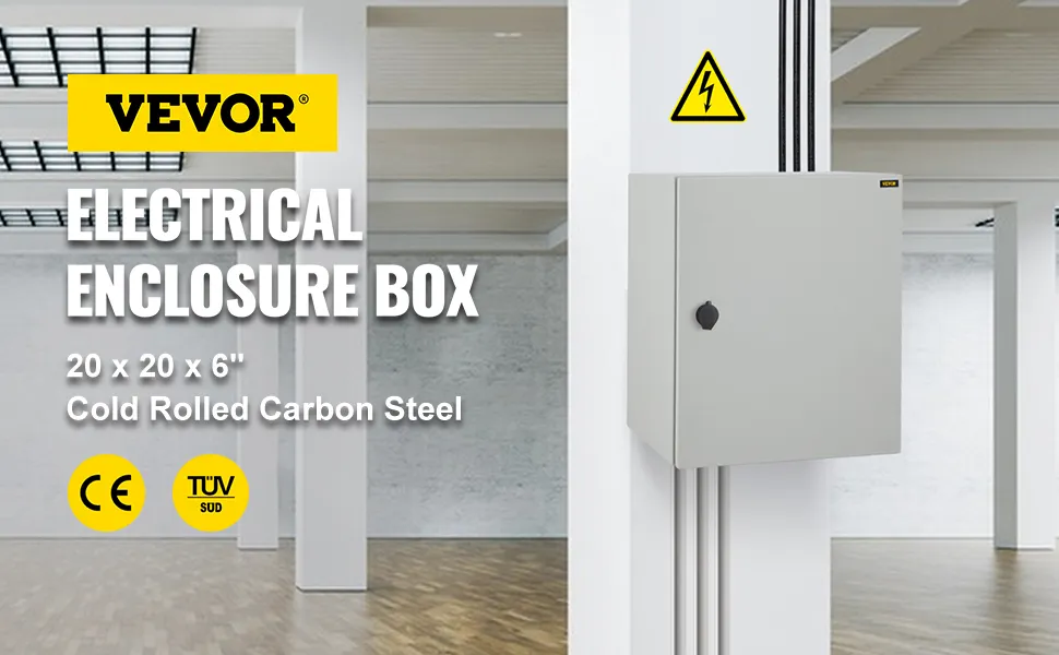 Caja de protección eléctrica VEVOR, 20x20x6", acero al carbono laminado en frío, montada en una pared en una habitación moderna.