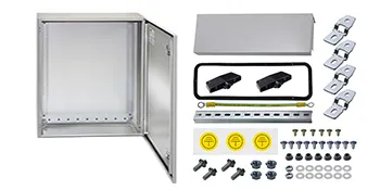 Kit de caja eléctrica VEVOR con caja de metal, cubierta, soportes de montaje, tornillos y componentes de cableado.