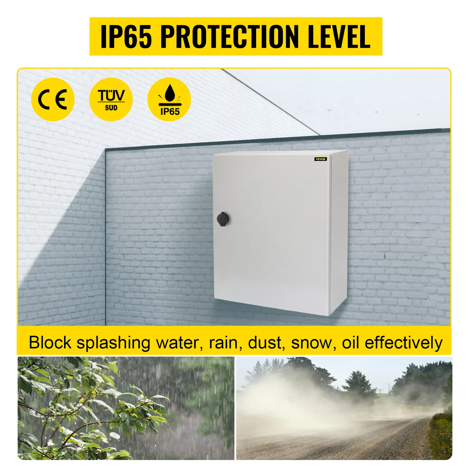 Caja eléctrica VEVOR con protección ip65, bloqueando agua, lluvia, polvo, nieve y aceite.