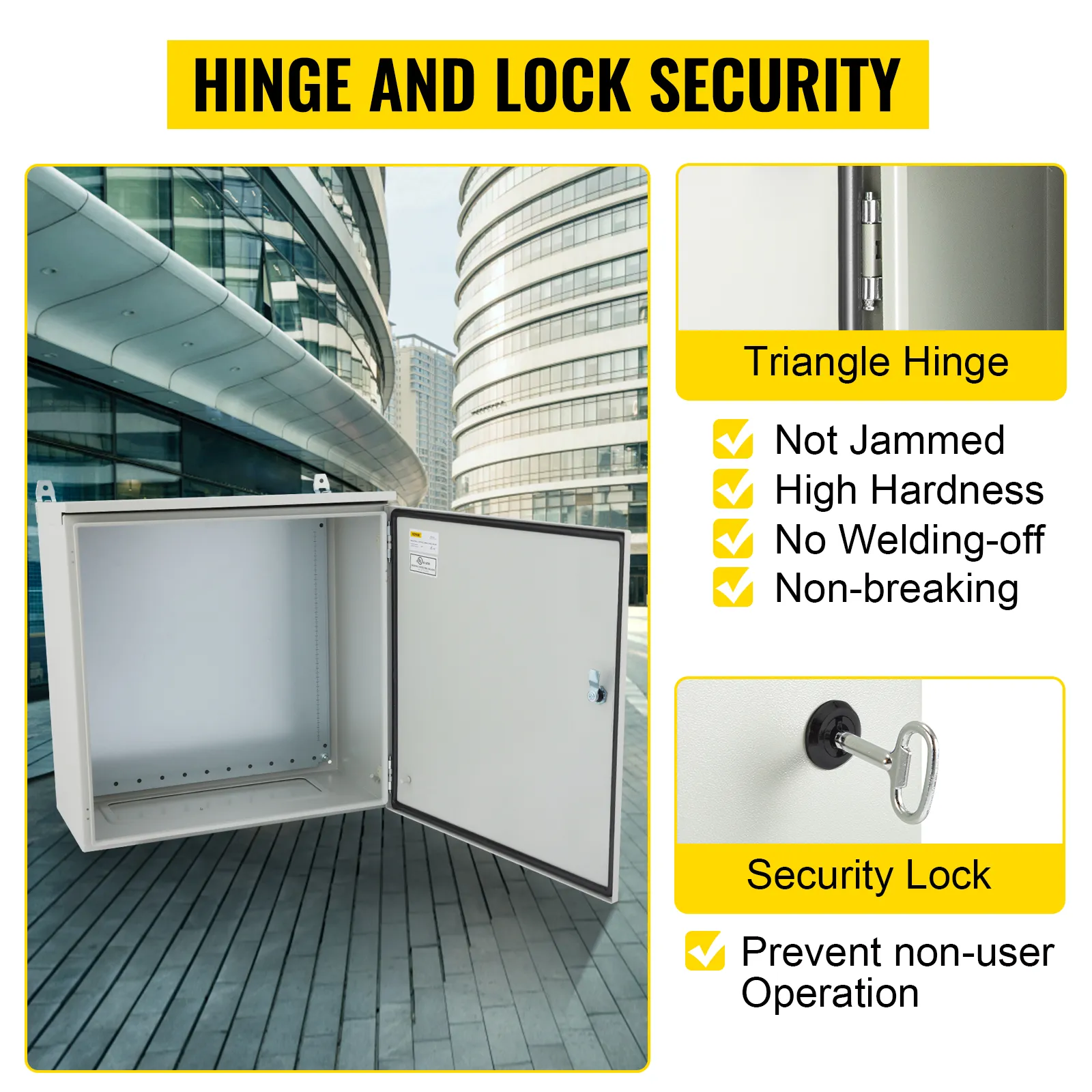 Caja eléctrica VEVOR con bisagras y cerradura de seguridad, mostrando puerta abierta, bisagras y llave de seguridad.