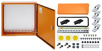 orange VEVOR electrical enclosure with open door, mounting accessories, screws, seals, and brackets.
