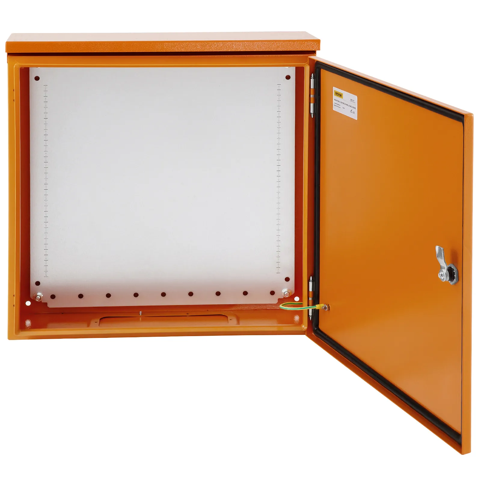orange VEVOR electrical enclosure with an open door, showcasing interior mounting space.