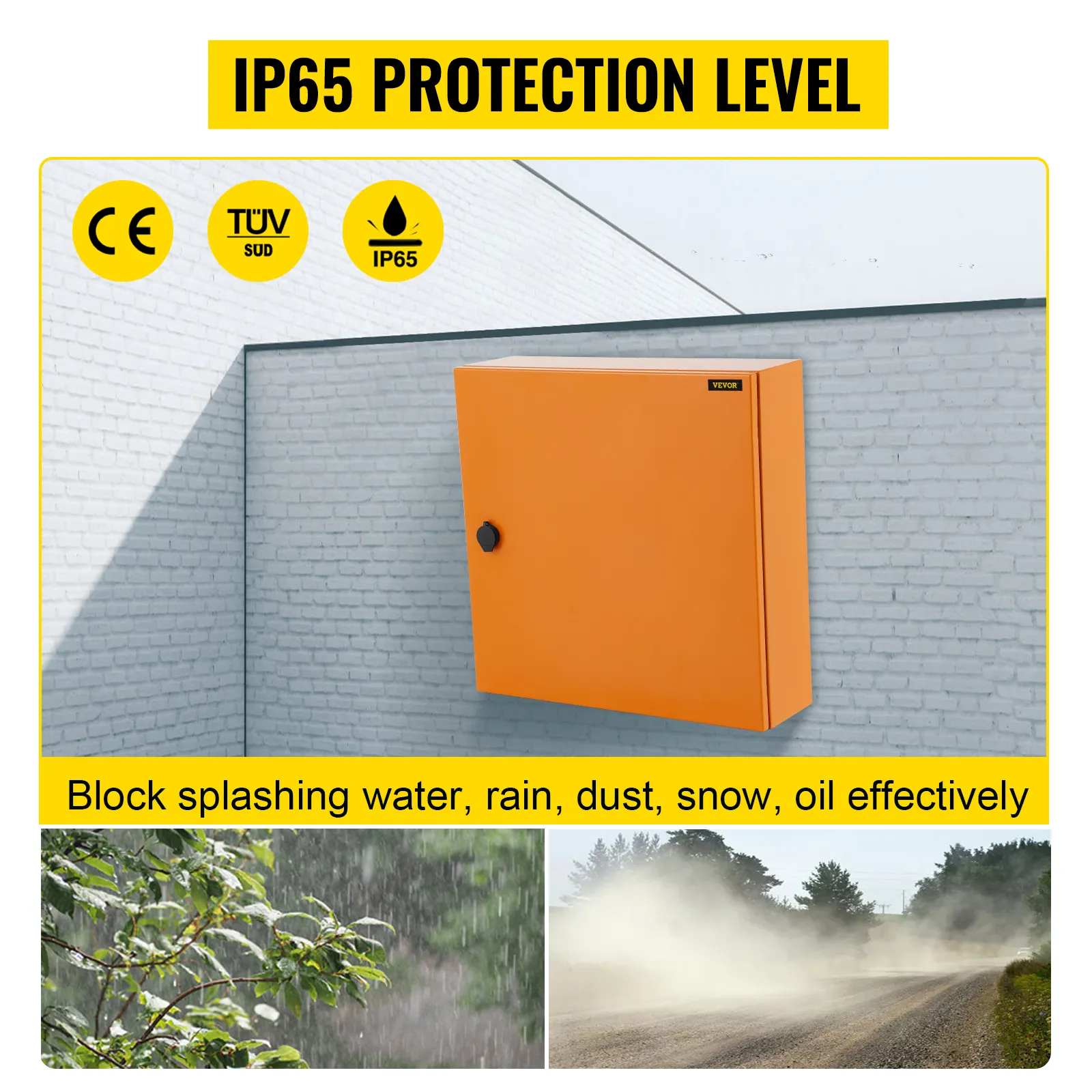 VEVOR electrical enclosure, ip65 protection against water, rain, dust, snow, illustrated with images.
