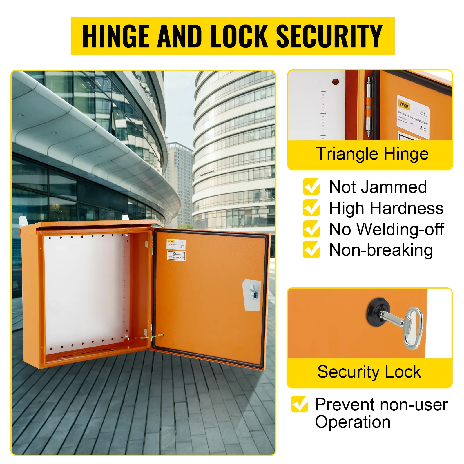VEVOR electrical enclosure with hinged door and secure lock, ideal for outdoor use.