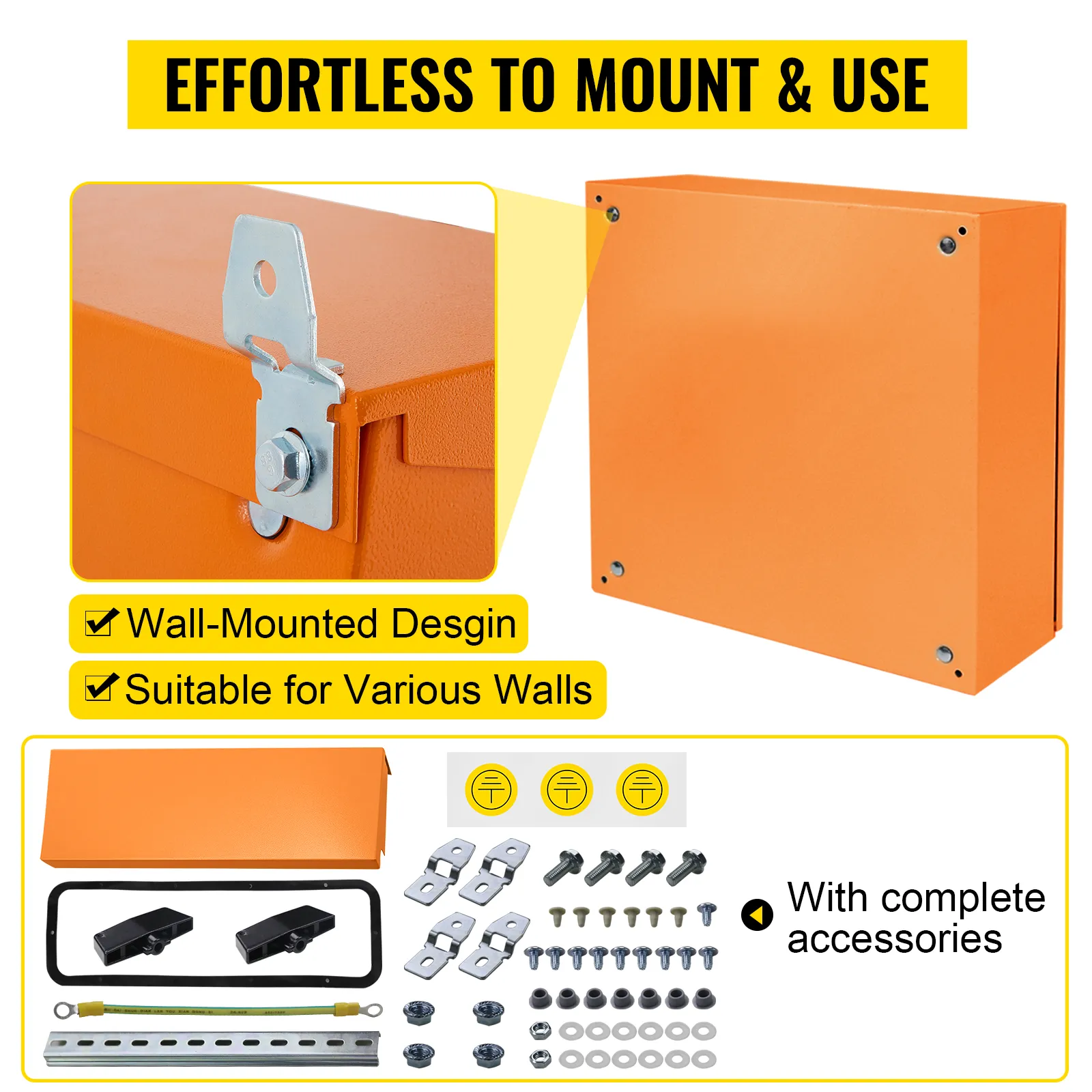 VEVOR electrical enclosure, wall-mounted with hardware, easy installation, orange, includes accessories.