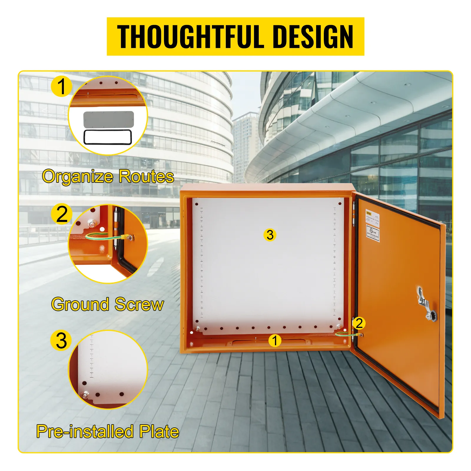 VEVOR electrical enclosure with organized routes, ground screw, and pre-installed plate. thoughtful design.