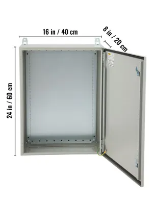 Caja eléctrica VEVOR con dimensiones de 24x16x8 pulgadas, montaje en pared y puerta abierta que muestra el interior.