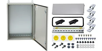 Gabinete eléctrico VEVOR con puerta abierta, kit de cableado, hardware de instalación y soportes de montaje.